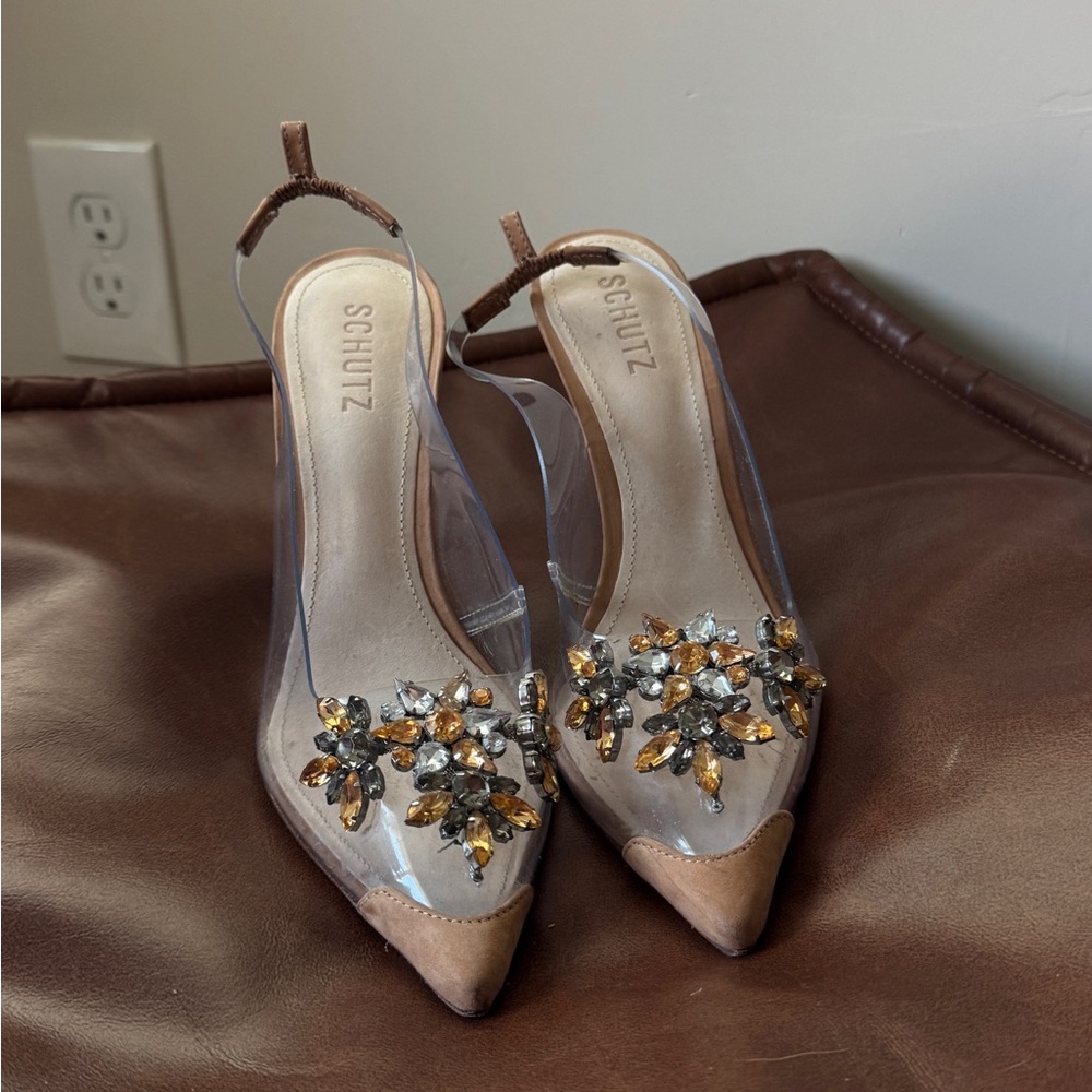 Schutz Women's Clear and Beige Embellished Heels
